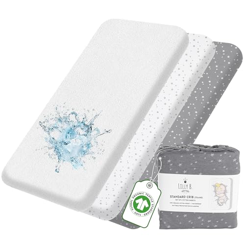 Lilly B. Organic GOTS cert. Set of 2 Cot Bed Sheets 140 x 70 Fitted + 1 Waterproof Mattress Protector 100% Organic Cotton Jersey Next to Me Crib Sheets for Toddlers & Babies, Unisex Patterns