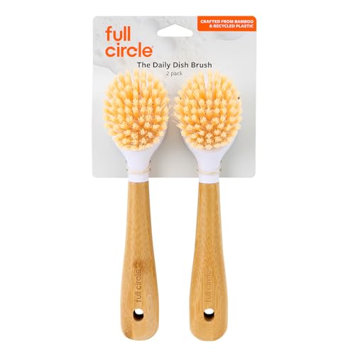 Full Circle Be Good - Bamboo Handle Dish Brush Sustainable Kitchen Cleaning with Tough Bristles - Natural Dish Scrubber Nonstick & Cast Iron Cleaner - Long Handle Brush for Dishes Pots and Pans