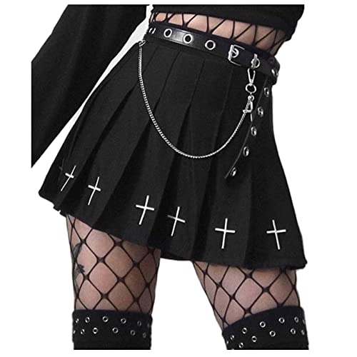 HboonoodH Femmes Jupe Plissée Taille Haute Élégant Léger Couleur Unie Punk Gothique Mini-Jupe Courte à Motif Croisé Élastique Décontracté Mode de Club Casual Quotidien Sexy (Noir, XL)