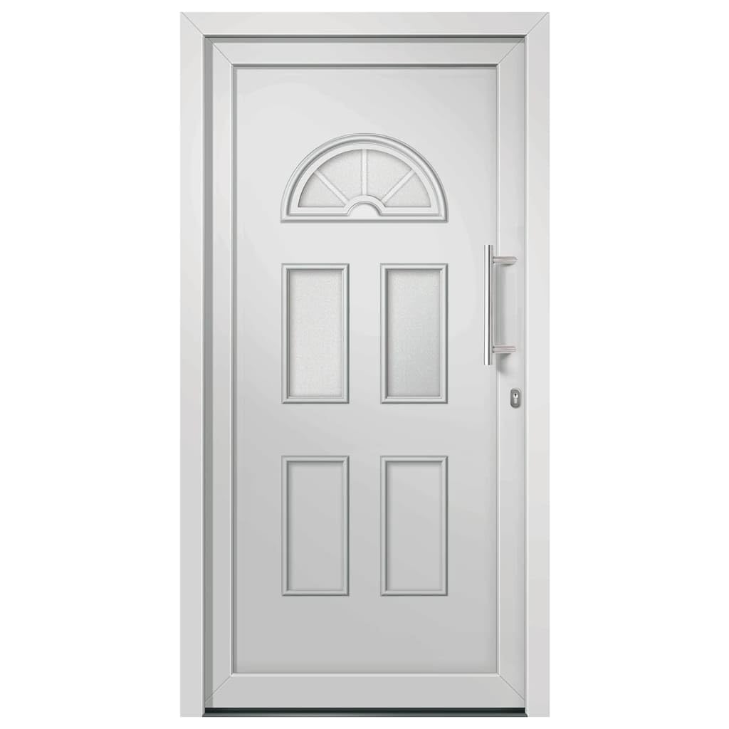 Drzwi wejściowe białe 98 x 198 cm z ramą drzwi PCW, 5-punktowa blokada grzybowa, próg aluminiowy, oszklenie izolacyjne, uchwyt ze stali nierdzewnej, taśma uszczelniająca, zestaw montażowy do