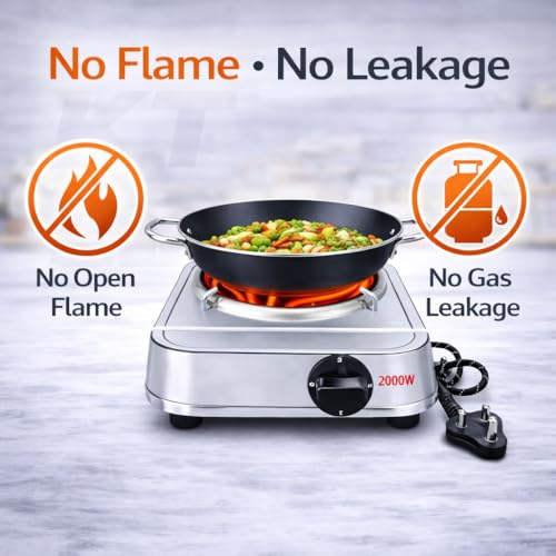 Image of DRUMSTONE ( 2026 Brings 5 Years Warranty ) 2000W Stainless Steel Electric Coil Stove | Heavy Duty Single Burner Hot Plate | Adjustable Heat Control | No Gas Cooking | Portable Kitchen Cooktop
