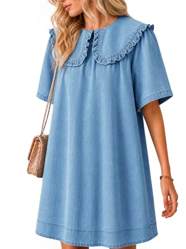 Wenrine Mini robe d'été en jean pour femme, col claudine, manches courtes, décontractée, nuisette fluide en jean, bleu, Taille L
