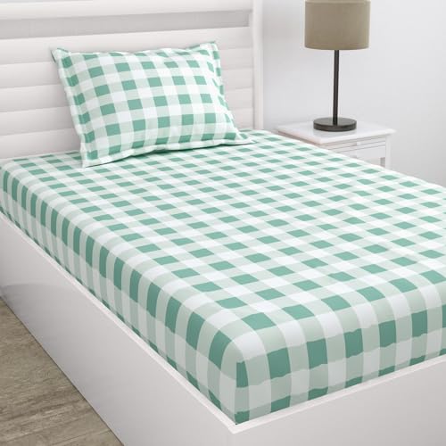 Image of Haus & Kinder 186 TC Bed Wrinkle-Free Glace Cotton Bedsheet with 1 Pillow Cover for Kids Room, Cottage Core Design - 88 x 57 Inches, Mint