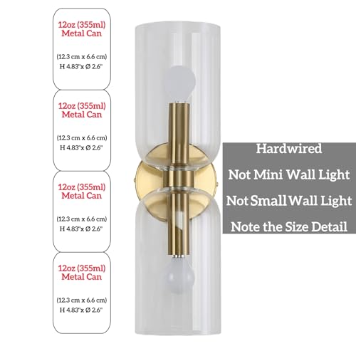 Image of EFINEHOME Minimalist 2-Light Gold Wall Sconces with Cylinder Glass Shades- Mid Century Vanity Wall Double Lights Hardwired- Modern Indoor Glass Wall Mounted Art Decor Lights (Clear, 1 Pack)