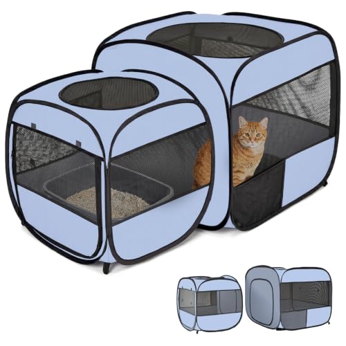 Image of 2-in-1 Portable Cat Playpen, Detachable into 2 Separate Cages with Additional 2 Doors, Pop up Pet Play Pen Cat Tent House, Foldable Puppy Enclosure Kitten Crates Indoors Outdoor(Grey)