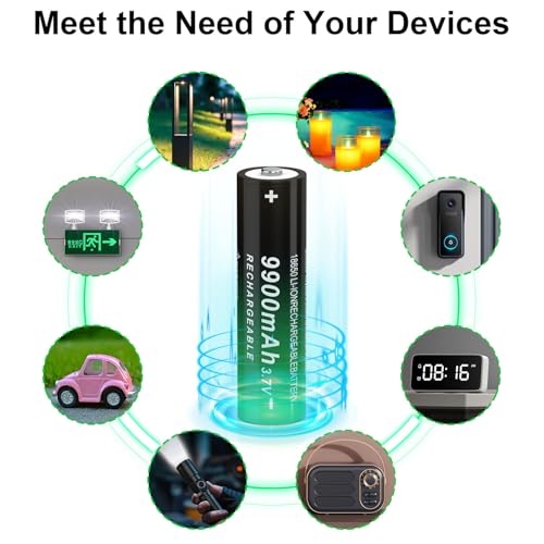 4 Pcs 9900 mAh Button Top Lithium Polymer Ion 18650 Rechargeable Battery Upgrade Capacity Batteries for Flashlights, Bluetooth Speaker, Headlamp, Remote Control and More（65 * 18 * 18mm）