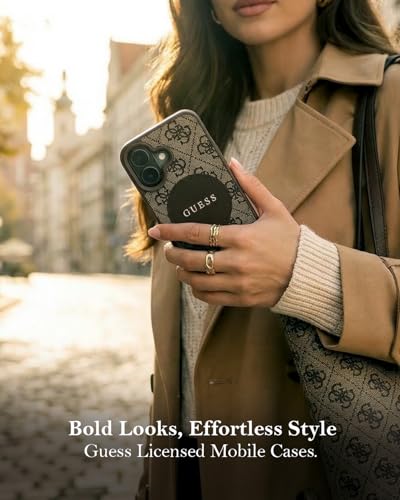 Image of CG MOBILE Guess [Official Licensed] Protective Case Designed for iPhone 16 |Magnetic Compatible |PU Case 4G Circle with Classic Logo - Brown