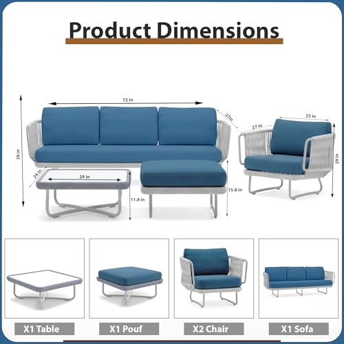 Image of Amazon Brand - Solimo Harbor Outdoor Rope Sofa Set | Balcony Sofa | Patio Conversation Sets | Braided Rope Garden Sofa Set and Table (5 Seater- Grey+ Navy Blue)
