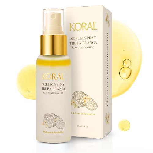 Koral Serum Spray con Trufa Blanca, Niacinamida,Acido hialuronico, Aloe Vera y Jojoba Cuidado Piel Vegano, 60 ml de bruma sublime.