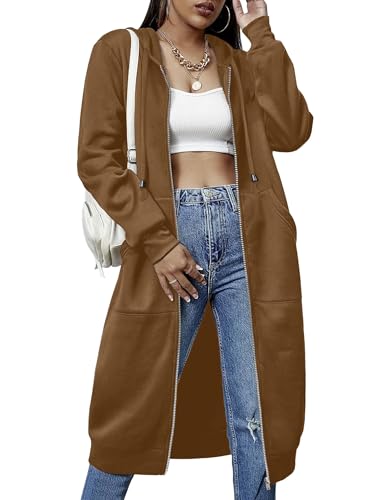 ELESOL Women's Fleece Long Zippered Sweatshirt Tunic Hoodie Dress Sweaters with Hood Light Coffe Medium