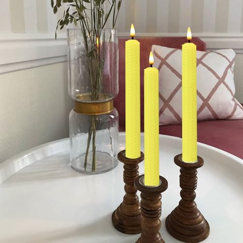 Image of Beeswax Honeycomb Flameless LED Taper Candles, 9.5 Inch Flickering Wax Candles with Remote & Timer, Yellow Battery Operated Dripless Tapered Candle for Home Wedding Decor, 4 Pack
