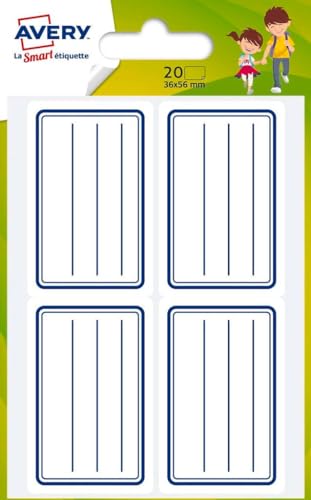 AVERY - Bolsa de 20 etiquetas escolares con líneas azules. Tamaño 36 x 56 mm.