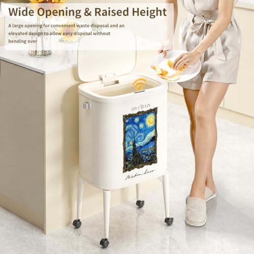 Image of MRBIN Metal Motion Sensor Kitchen Trash Can with Wheel Legs, 36L / 9.5gal Slim Waste Basket with Lid, Narrow Garbage Pail for Vanity, Living Room, Bathroom, Bedroom, Starry Night
