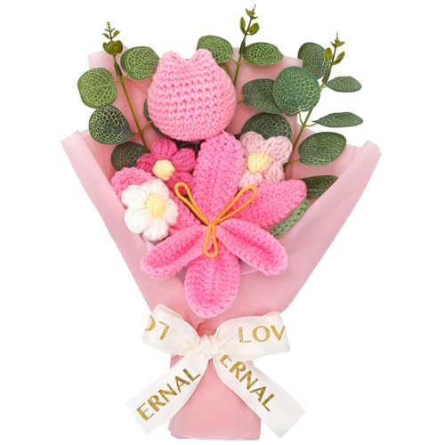 Augshy Crochet Flower Bouquet, Pink Crochet Tulip Daisy Bouquet Artificial