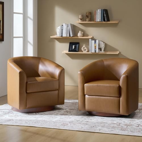 Image of HULALA HOME Faux Leather Swivel Accent Chairs Set of 2 with Solid Wood Base, Round Swivel Barrel Chairs for Living Room and Bedroom, No Assembly Required, Camel