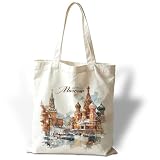YTTRVHIH Moscow Canvas Tote Bag, Watercolor Russian City Landmark Shoulder Carryall, Reusable Shopping Bag for...