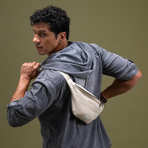 Image of The Peacock Crew Fanny Pack - Stylish Cotton Crossbody Bag for Men & Women - Adjustable Strap, Dual Zipper - Premium Fabric Shoulder Bag, Trekker Beige