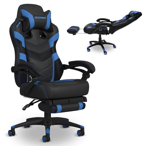RESPAWN 110 Pro Ergonomic Gaming Chair with Footrest for Adults - Comfortable Office Gaming Recliner with Lumbar Support and Headrest, Racing Style Video Game Chairs for Computer Gamer - Blue