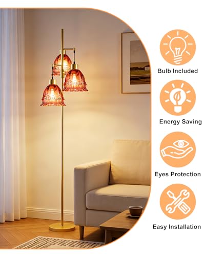 Image of Lightdot 3-Lights Glass Floor Lamp Dimmable Gold Floor Lamp with Deep Red Glass Shade 3000K Bulbs Included Unique Modern Standing Tall Lamp with 5Lbs Heavy Base for Living Room /Bedroom /Sofa Beside