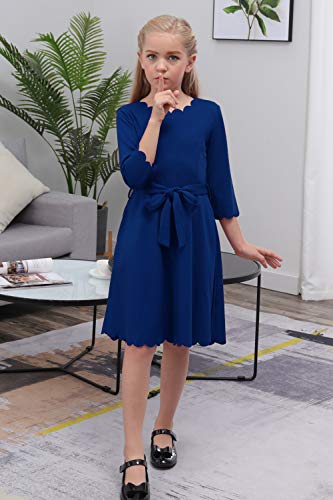 GORLYA Girl's 3/4 Sleeve Casual Scalloped Edge A-line Belted Dress with Pockets for 4-14T Kids (GOR1031, 11-12Y, Blue)