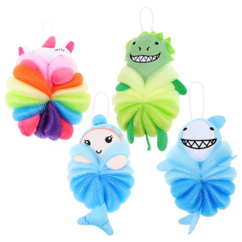 EPIGEIST 4Pcs Cartoon Exfoliating Bath Balls for Soft Loofah Sponge with Fun Designs Unicorn Shark Dinosaur Mermaid for Gentle Skin Cleansing and Bubble