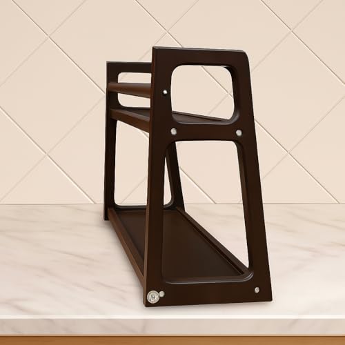 Image of 2 Tier Wooden Kitchen Organizer Rack for Countertop | Spice Jar Storage Shelf | Countertop Kitchen Rack 45x20x40 cm Brown | Wooden Storage Stand for Home and Kitchen