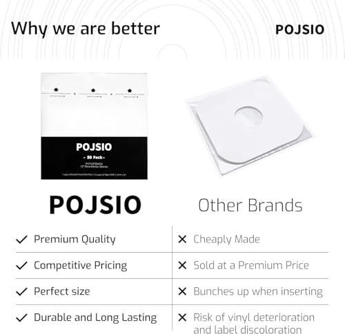 POJSIO 50 x 12 cali Premium Master okładki wewnętrzne na płyty winylowe 3 warstwowe HDPE + papier ryżowy, wewnętrzna wyściółka, papier ryżowy na 12" winylowe okładki LP, przezroczysty