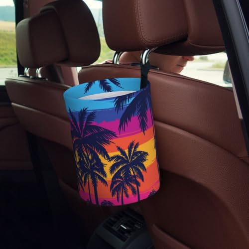 Image of Car Garbage Bag Blue Palm Trees at Sunset Mini Car Trash Bin Portable Collapsible Waterproof Rubbish Bag for Car Accessories Back Front Seat Cup Holder