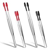 4 Pieces Rubber Tipped Tweezers, Forceps Silicone Coated Flat Tip Long Bent Precision Tweezers, Hobby Craft Tweezer Tools for Crafting Stamps Coins Jewelry Industrial Electronic Lab (Black & Red)