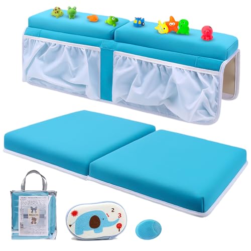 Image of Bath Kneeler and Elbow Rest Set Thick Baby Bath Kneeling Pad Bathing Kneeling Mat Cushion Washable Padded Bathtub Knee Saver with Arm Support and Pockets Organizer for Bathroom Bathtime Comfort, Blue
