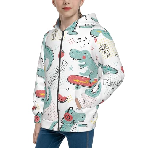 Music Lover Dinosaur Kid Hoodies Boys Zip Up Sweatshirts Girls Pullover with Pocket