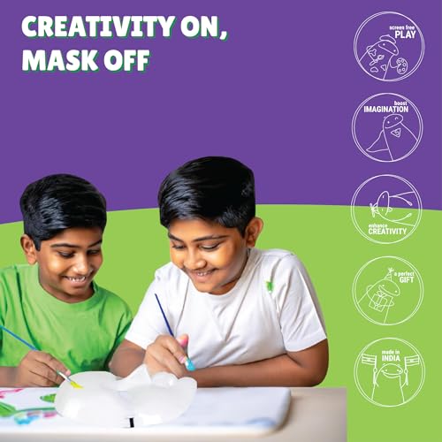 Image of Kalakaram DIY Face Mask Painting Kit: Decorate 3 Fancy Face Masks from The Contents of This kit - White Face Masks, Paints, Cool and Funky Stickers, Paint Brush, Embellishments