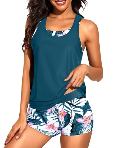 Image of Tempt Me 3 Piece Tankini Swimsuits for Women Athletic Bathing Suits Swim Tank Top with Boy Shorts and Bra Modest Swimwear