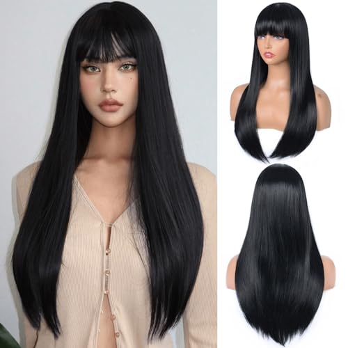Black Wig with Bangs for Women Long Straight Black Wig Heat Resistant Synthetic Wig for Girls Daily Use Party Halloween Cosplay Wig 24inch