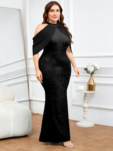 CYCLAMEN Plus Size Sparkly Maxi Dress Formal Evening Gown Halter Neck Chiffon Cape Sleeve Mermaid Dresses Cocktail Party3
