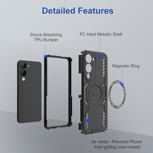 Image of amazon basics Back Case Cover for Vivo Y19 5G | Magnetic Case with Built-in Metal Ring | Supports Mag-Safe Charger, Wallet & Car Mount | Shockproof Hybrid PC + TPU | Black