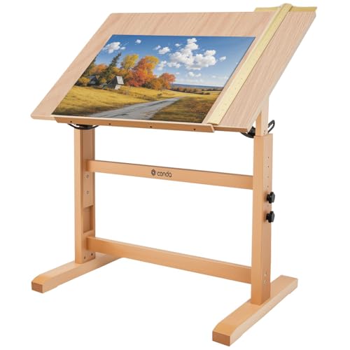 conda Wood Adjustable Drafting Table 35.5" x 23.5" - Beech Wood Art Desk with Adjustable Height & Tilting, Pencil Ledge, and Ruler for Writing, Reading, Design, and Crafting