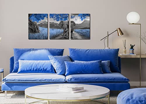 Thrlveart Elephant Wall-Art - Bathroom Artwork For Wall - Royal Blue Wall Decor For Living Room - 3 Piece Canvas Wall Art Ready To Hang Size 16" X 12" #TOP3