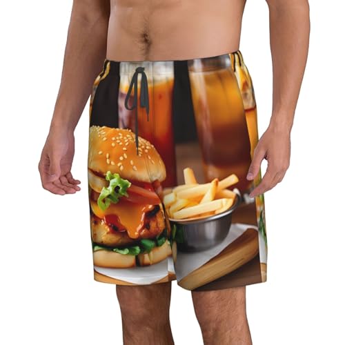 Men's Beach Shorts Swim TrunksFun Patterns Chicken Leg Burger Drink Print for Surfing Running Summer Vacation2