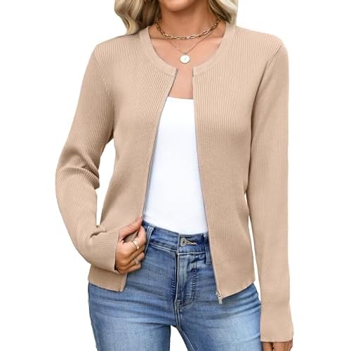 Totatuit Womens Long Sleeve Zip Up Sweater Cardigans Knitted Lightweight Zipper Jacket Camel Medium
