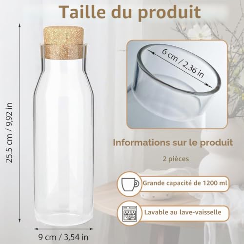Carafe à eau en Verre Avec Liège Naturel, Lot de 2 Bouteille Verre 1,2L, Carafe à eau Avec Couvercle, Pichet en verre, Convient pour Les Jus de Fruits Glacés, le Lait, le Vin, le thé Aux Fruits – vue 2