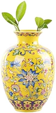YlobdolY Small Ceramic Vase for Flower Handmade Elegant Vintage Chinese Hand-Painted Porcelain Decorative Yellow Enamel Glazed Vases for Office Home Decor,H