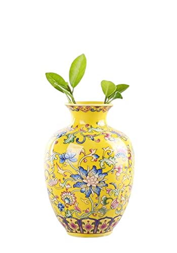 Ylobdoly Small Ceramic Vase For Flower Handmade Elegant Vintage Chinese Hand-Painted Porcelain Decorative Yellow Enamel Glazed Vases For Office Home Decor,H #TOP8