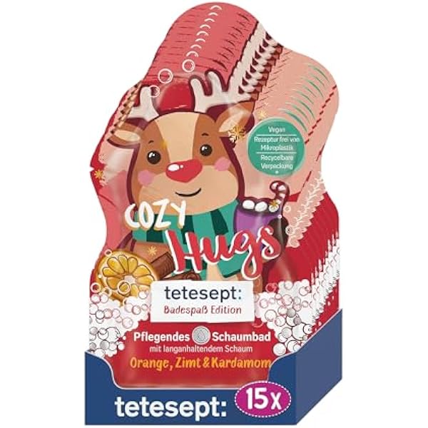 tetesept Badespaß Edition Cozy Hugs pianka do kąpieli o zimowym zapachu – długotrwała pianka do kąpieli zapewnia przytulne i miękkie doznania podczas kąpieli, pielęgnujący dodatek do kąpieli 15 x 40 ml, 600 mililitrów