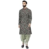 KISAH Herren Kurta Dhoti Set - Traditionelle indische Ethnokleidung für Männer - Ideal für Hochzeiten, Festivals & Feiern, Black Lime, 38