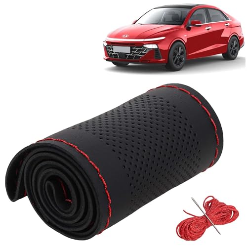 Image of KINGSWAY PU Leatherite Car Steering Cover Sewable Compatible with Hyundai Verna (Year 2023 Onwards), Black Color with Red Thread, Pack of 1 with Sewing Needle and Thread