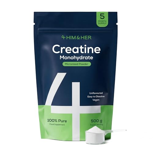 Image of Creatine Monohydrate Powder 500g, 5 Month Supply, UK Made – No Taste, Mix Easily – Vegan Supplements for Men & Women – Pure, Unflavoured, Micronized, 200 Mesh, Gluten-Free – 147 Servings – 4 HIM & HER
