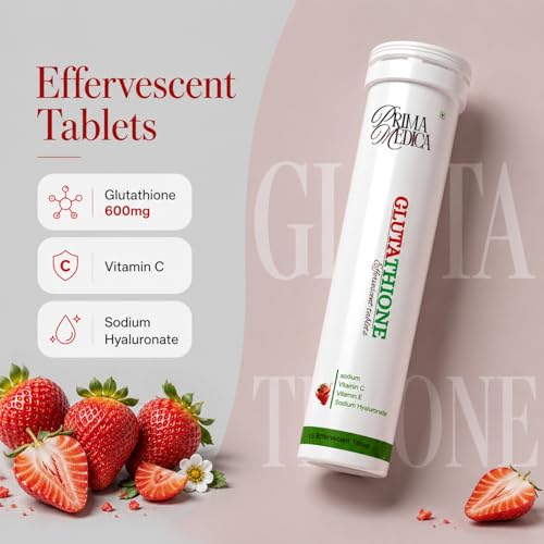 Image of PrimaMedica Glutathione 600mg Effervescent Tablets | Vitamin C, E & Sodium Hyaluronate | Skin Glow & Skin Health Support | Antioxidant Supplement for Men & Women | Strawberry Flavour | 15 Tablets