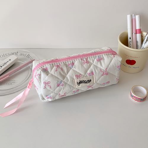 Image of Carry bloom Pencil Pouch Cute Pencil Case for Girls Aesthetic Pencil Bag with Zipper Pen Cases School Supplies Makeup Bag (bow flower pink)