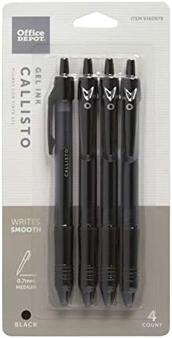 Office Depot Brand Callisto Retractable Gel Ink Pens, Medium Point, 0.7 mm, Black Barrel, Black Ink, Pack of 4 Pens